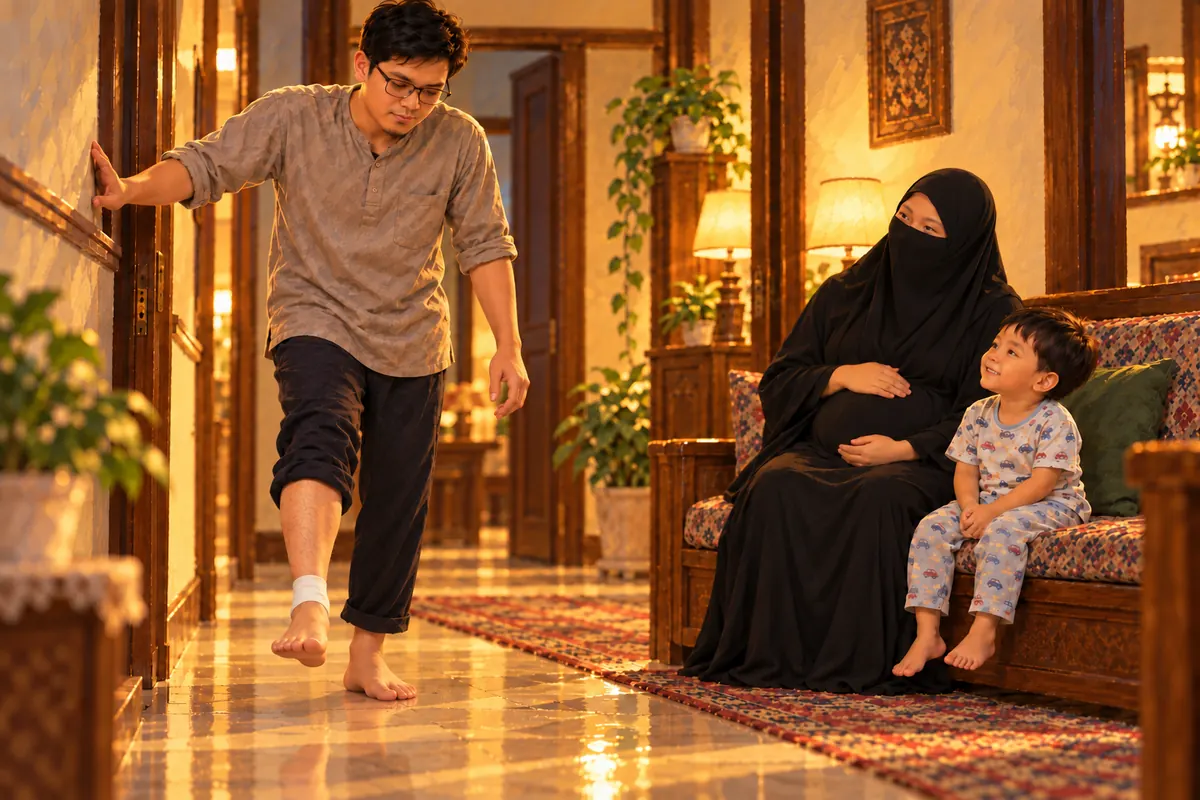 Setelah gips dilepas, perban hanya melingkari area jahitan kaki kanan yang belum ditapakkan.