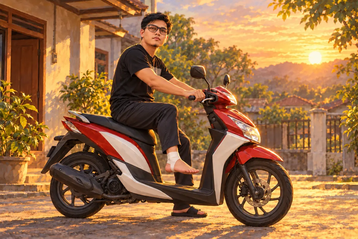 Ayah kembali mencoba mengendarai motor dengan perban kecil pada kaki kanan.