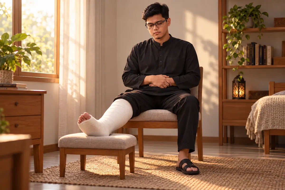 Beribadah sambil duduk dengan kaki kanan terlindung dan terangkat.