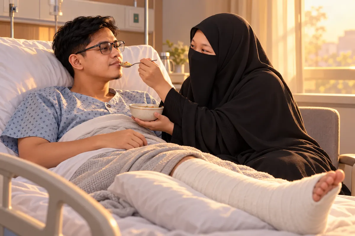 Istri menyuapi saya setelah operasi, sementara anak kami dijaga keluarga.