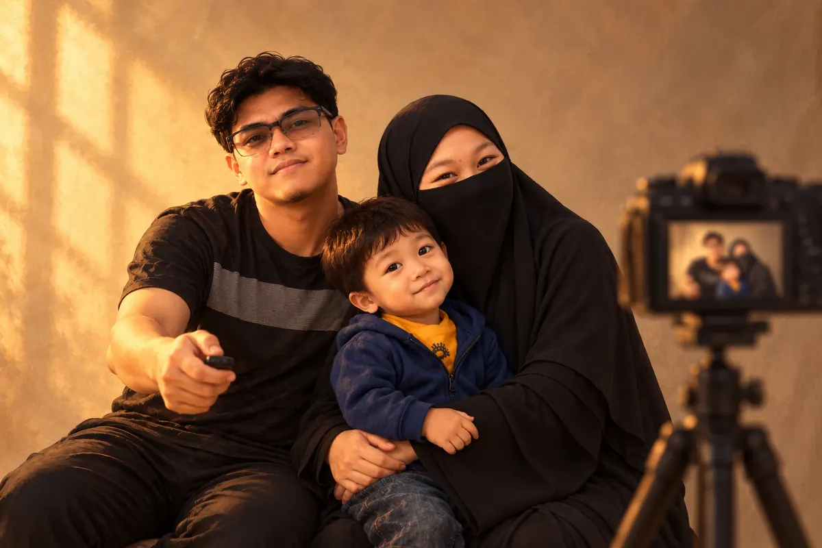 Kami berfoto sendiri di studio, memakai tombol rana tanpa fotografer.