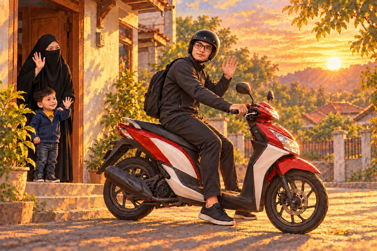 Senin pagi saya kembali berangkat kerja dengan helm dan jaket.