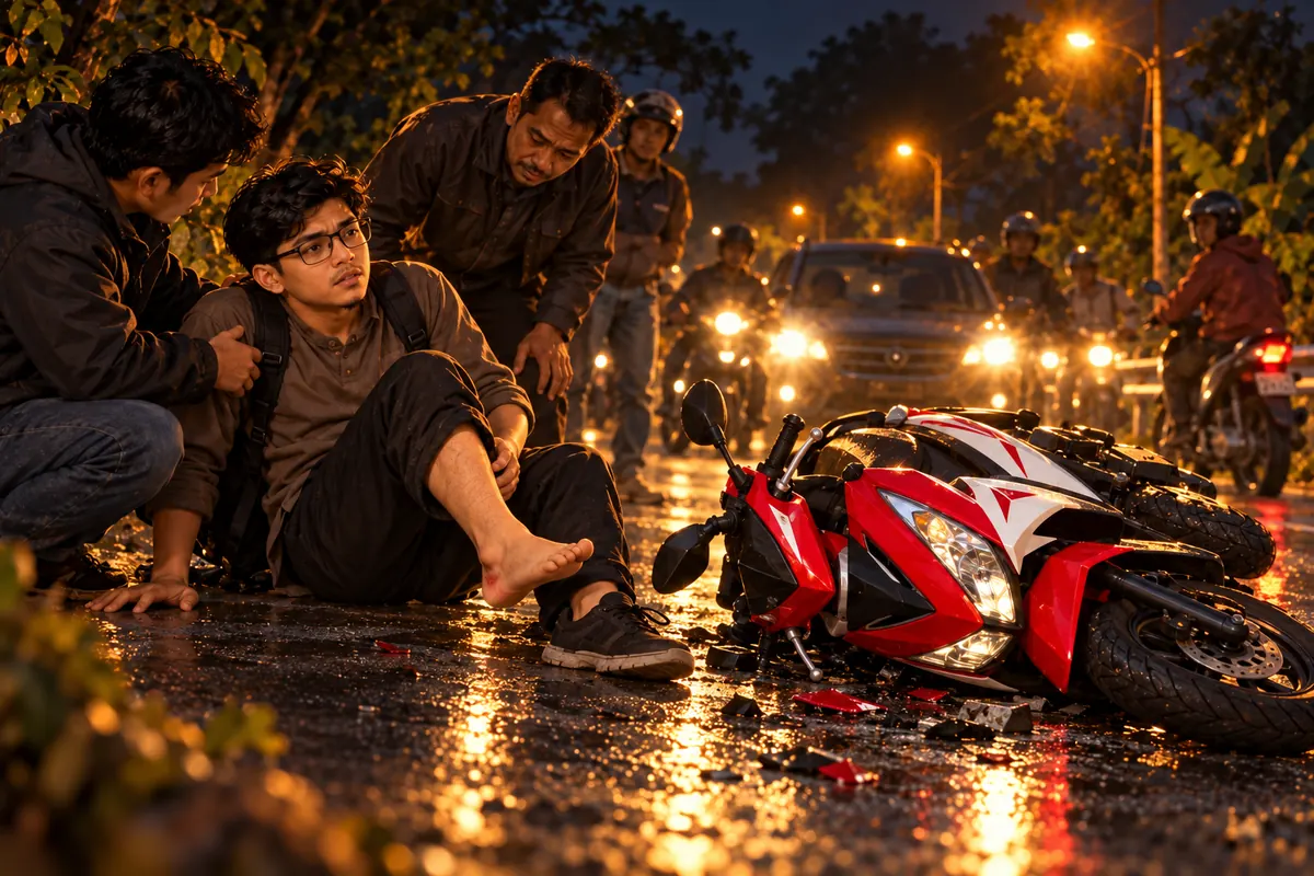Motor merah putih tergeletak pada malam gelap sementara pengendara berhenti membantu