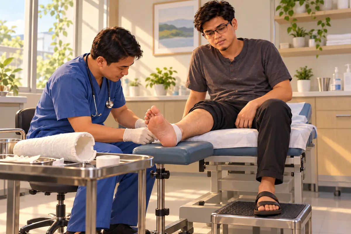 Di ruang pemeriksaan, kaki kanan ayah ditopang setelah gips dilepas; perban hanya melingkar di belakang tumit.