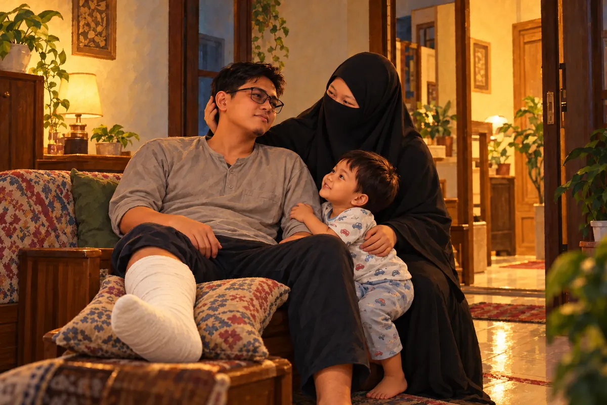 Ayah beristirahat di rumah dengan kaki kanan bergips terangkat