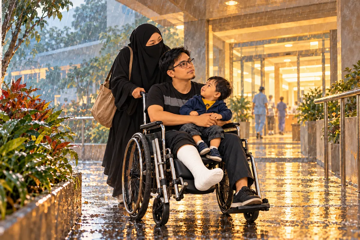 Istri mendorong kursi roda; anak duduk aman di pangkuan ayah, kaki kanan bergips terangkat