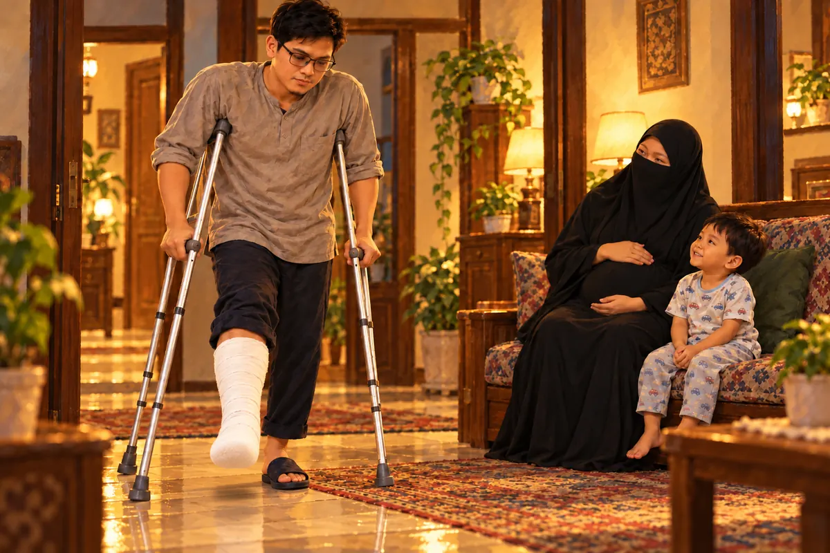 Dengan dua kruk, kaki kanan yang masih digips terangkat dari lantai.